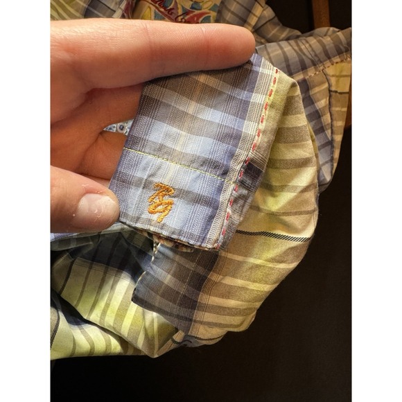 Robert Graham Mens Sz XL Green/ Blue Striped S/S Button Up Shirt (X15) - Picture 5 of 11